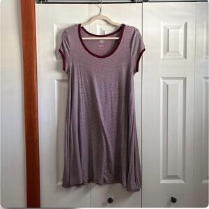 SO Mini Striped A-line tee shirt Dress with Burgundy Trim